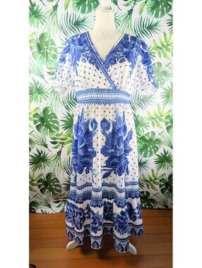 Shein Blue & White Polka Dot Floral Maxi Dress (Size: X-Large)